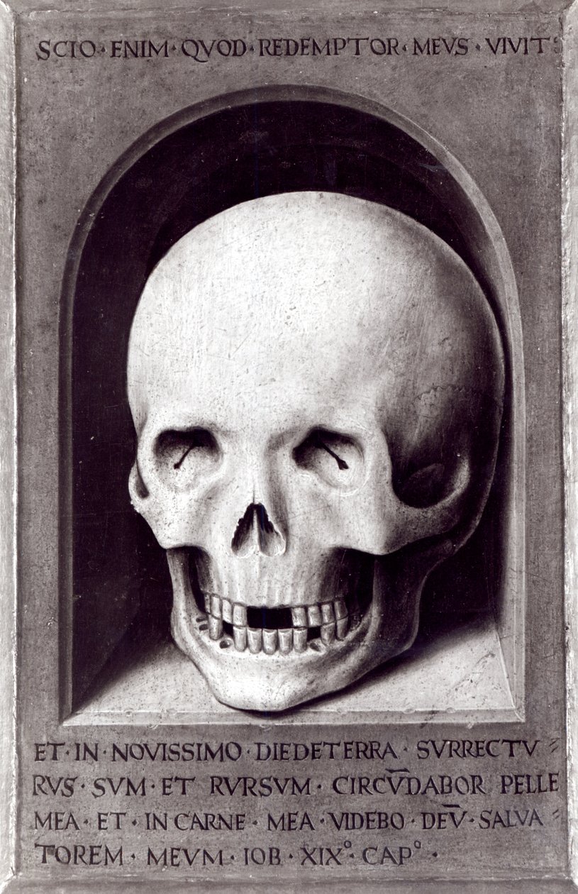 Crânio, painel do lado direito invertido do Tríptico da Vaidade Terrena e da Salvação Divina, c.1485 de Hans Memling