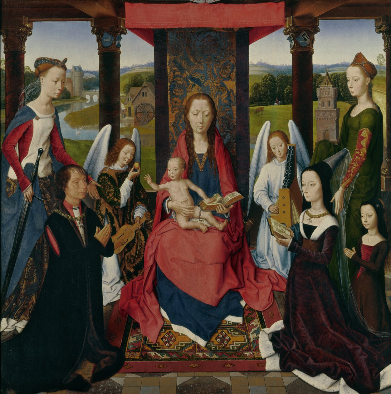 A Virgem e o Menino com Santos e Doadores, um painel do &39;The Donne Triptych&39; c.1478 (óleo sobre carvalho) de Hans Memling