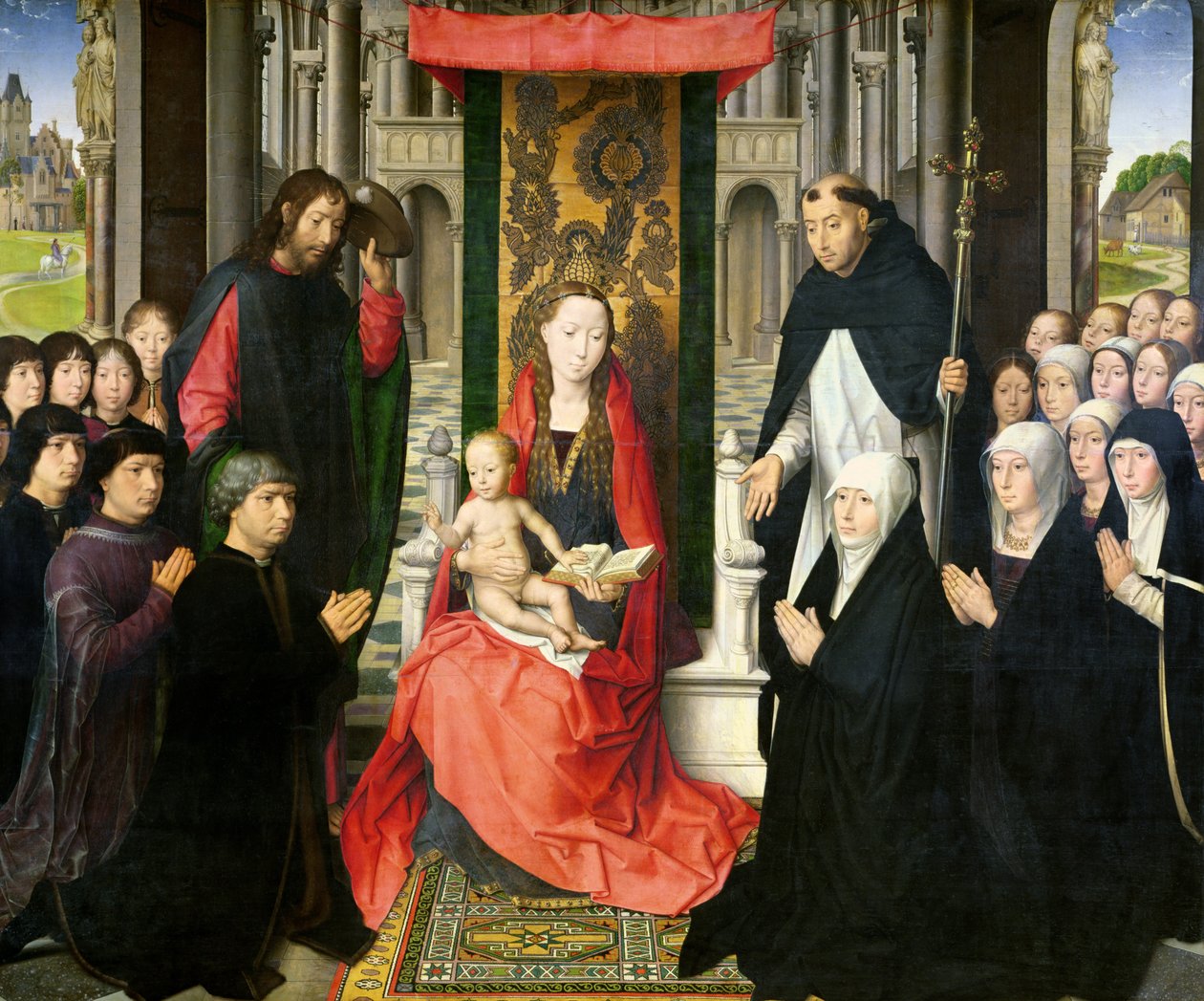 A Virgem e o Menino com São Tiago e São Domingos Apresentando os Doadores e sua Família, conhecida como a Virgem de Jacques Floreins, c.1490 de Hans Memling