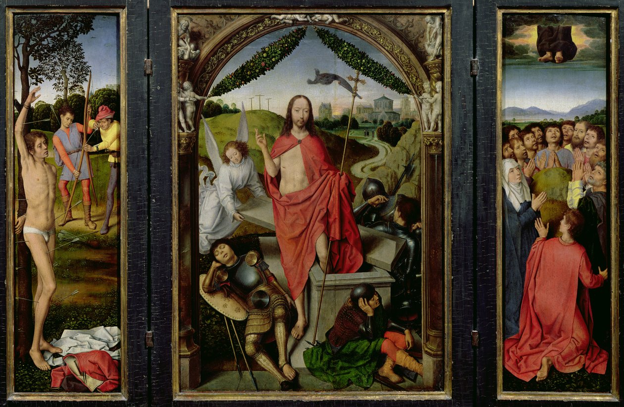 Tríptico da Ressurreição: A Ressurreição (centro) O Martírio de São Sebastião (à esquerda) e A Ascensão (à direita) c.1485-90 de Hans Memling