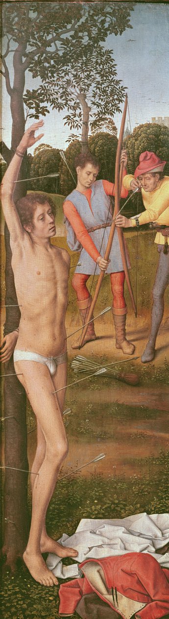 Tríptico da Ressurreição, painel da esquerda: O Martírio de São Sebastião, c.1485-90 (óleo sobre carvalho) de Hans Memling