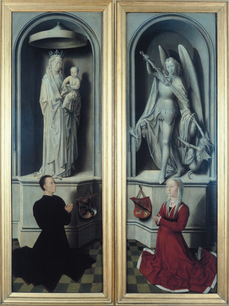 Vista do Último Julgamento com seus painéis fechados, retratando os doadores, Angelo di Jacopo Tani e sua esposa, Caterina de Tanagli, abaixo de Madonna and Child e St. Michael, 1473 (ver de Hans Memling