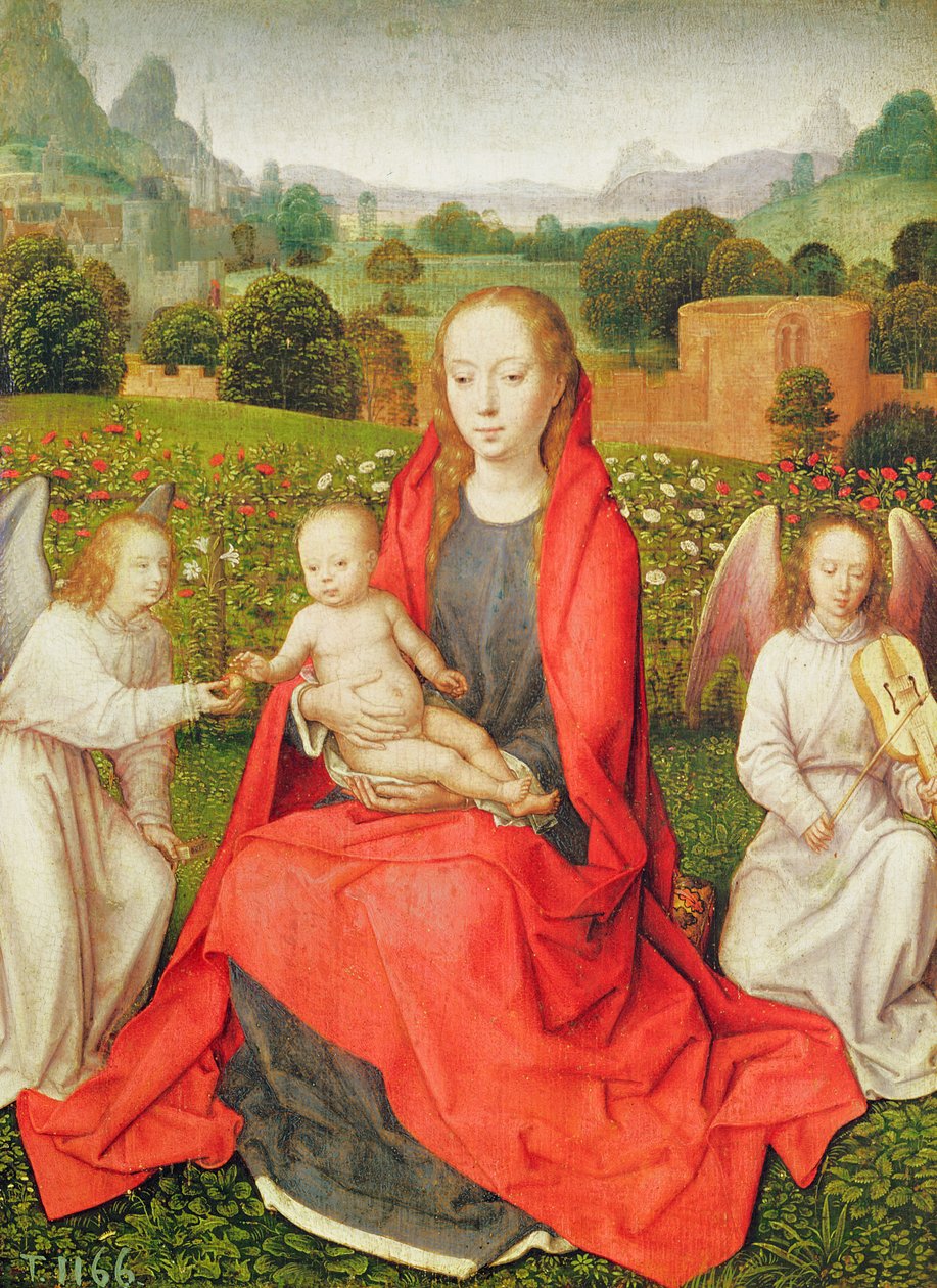 Virgem e criança entre dois anjos, c.1480s (óleo em carvalho) de Hans Memling