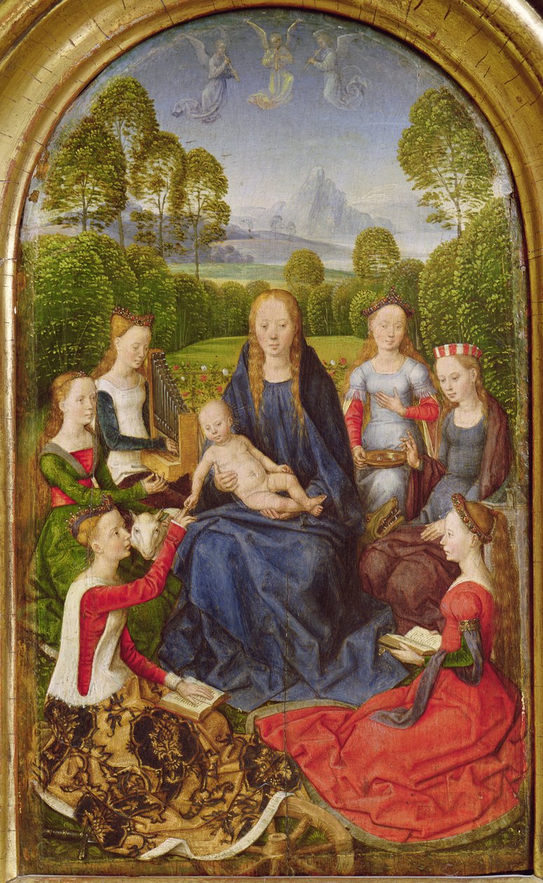 Virgem e Menino com Santos, painel da esquerda do Diptych de Jean du Cellier, c.1490 de Hans Memling