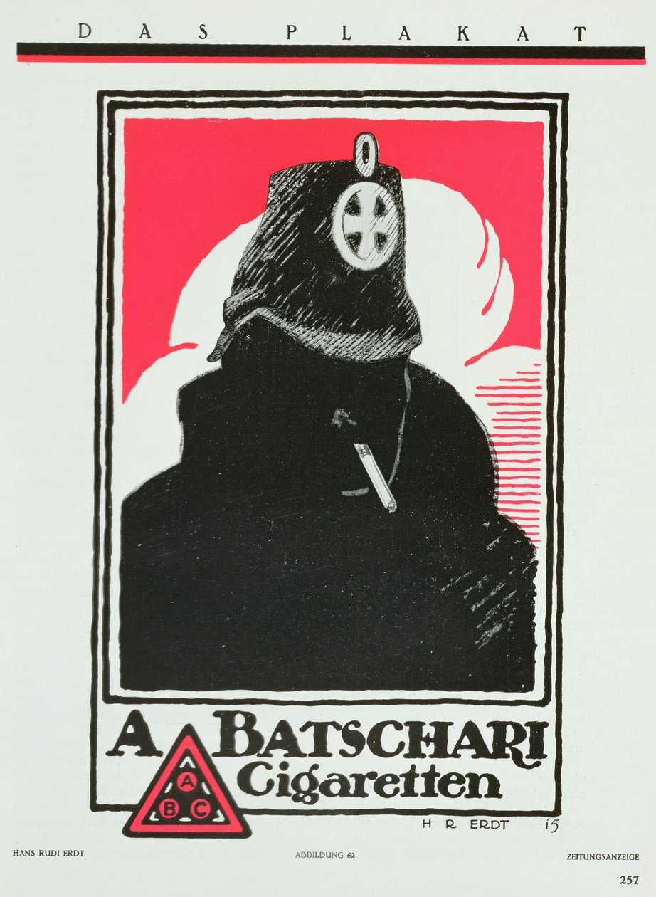 Anúncio de A. Batschari Cigarettes, de &39;Das Plakat&39;, uma colecção de poster art alemã, 1915 de Hans Rudi Erdt
