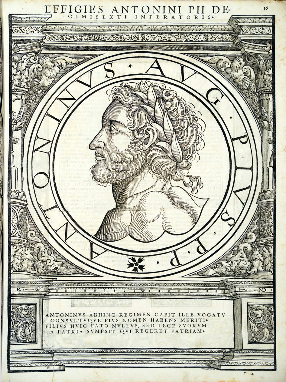 Pio, a partir dos imperadores romanos de leste e oeste mais verdadeiras imagens de moedas antigas, gravura por Rudolph Wyssenbach, impressa por Andreas Gessner, Zurique de Hans Rudolf Manuel Deutsch