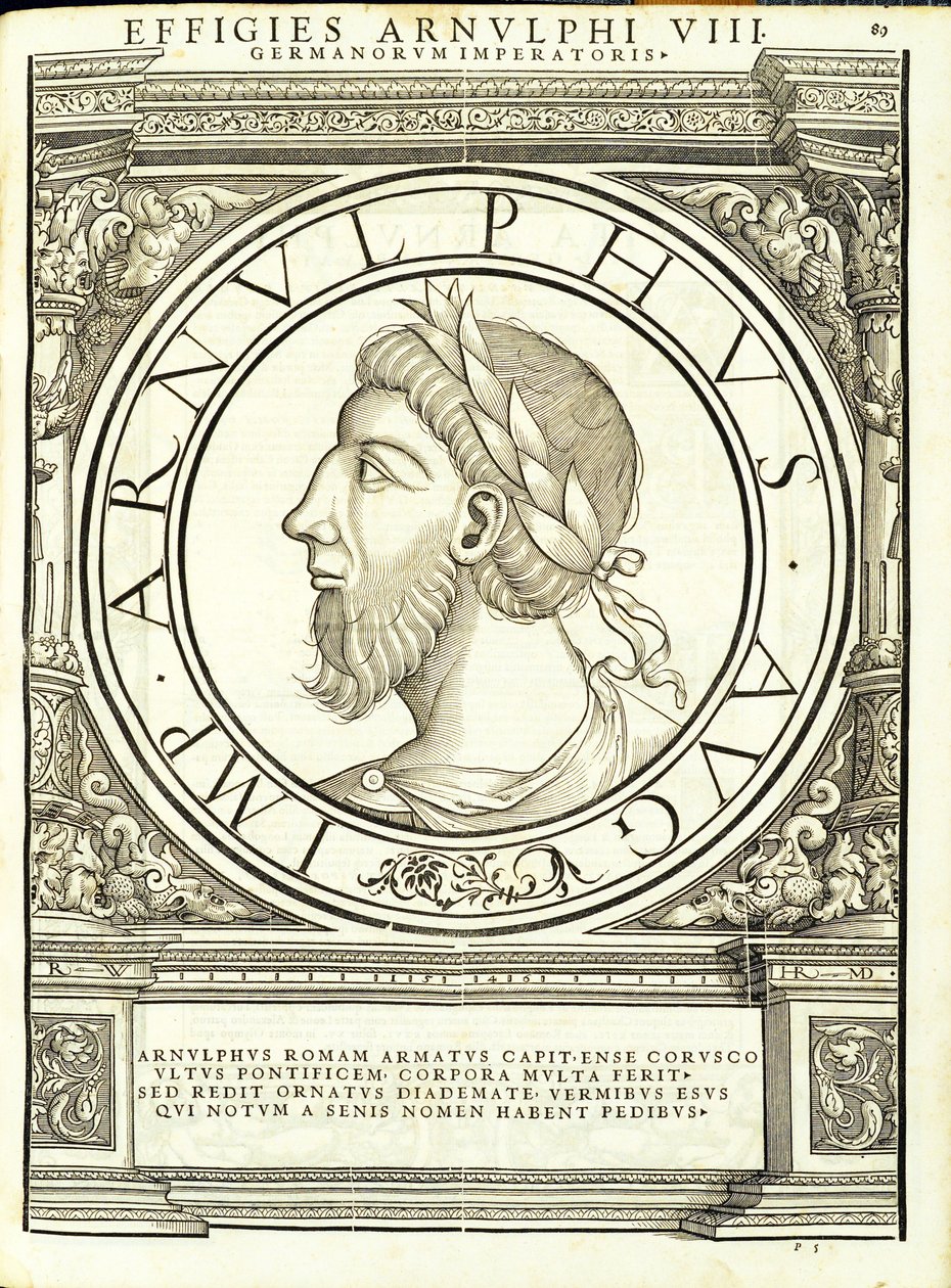 Arnulf, dos imperadores romanos de leste e oeste mais verdadeiras imagens de moedas antigas, gravura por Rudolph Wyssenbach, impressa por Andreas Gessner, Zurich, 155 de Hans Rudolf Manuel Deutsch