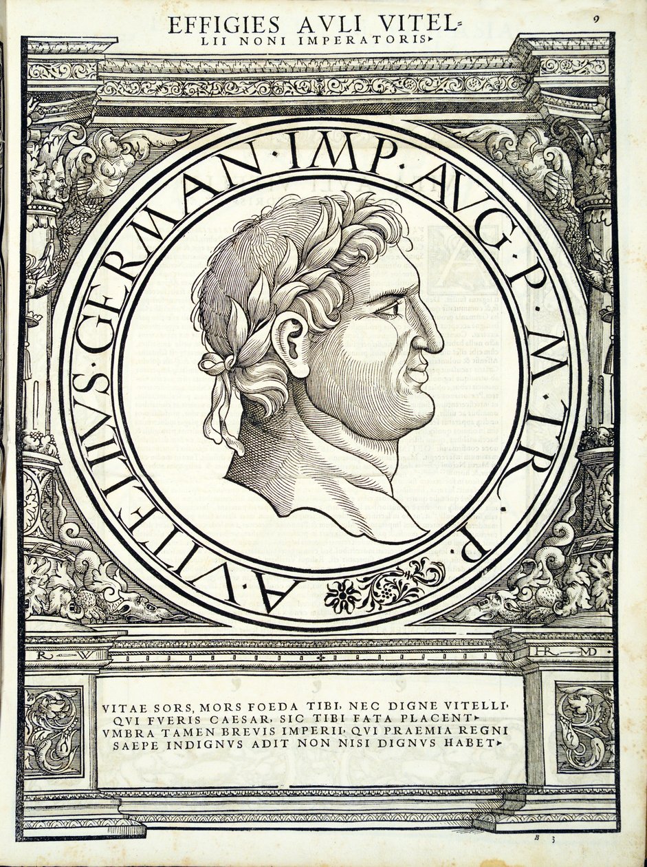 A. Vitélio de um general comandante das Roman Leste e Oeste mais verdadeiras imagens de moedas antigas, gravura por Rudolph Wyssenbach, impressa por Andreas Gessner, Zut de Hans Rudolf Manuel Deutsch