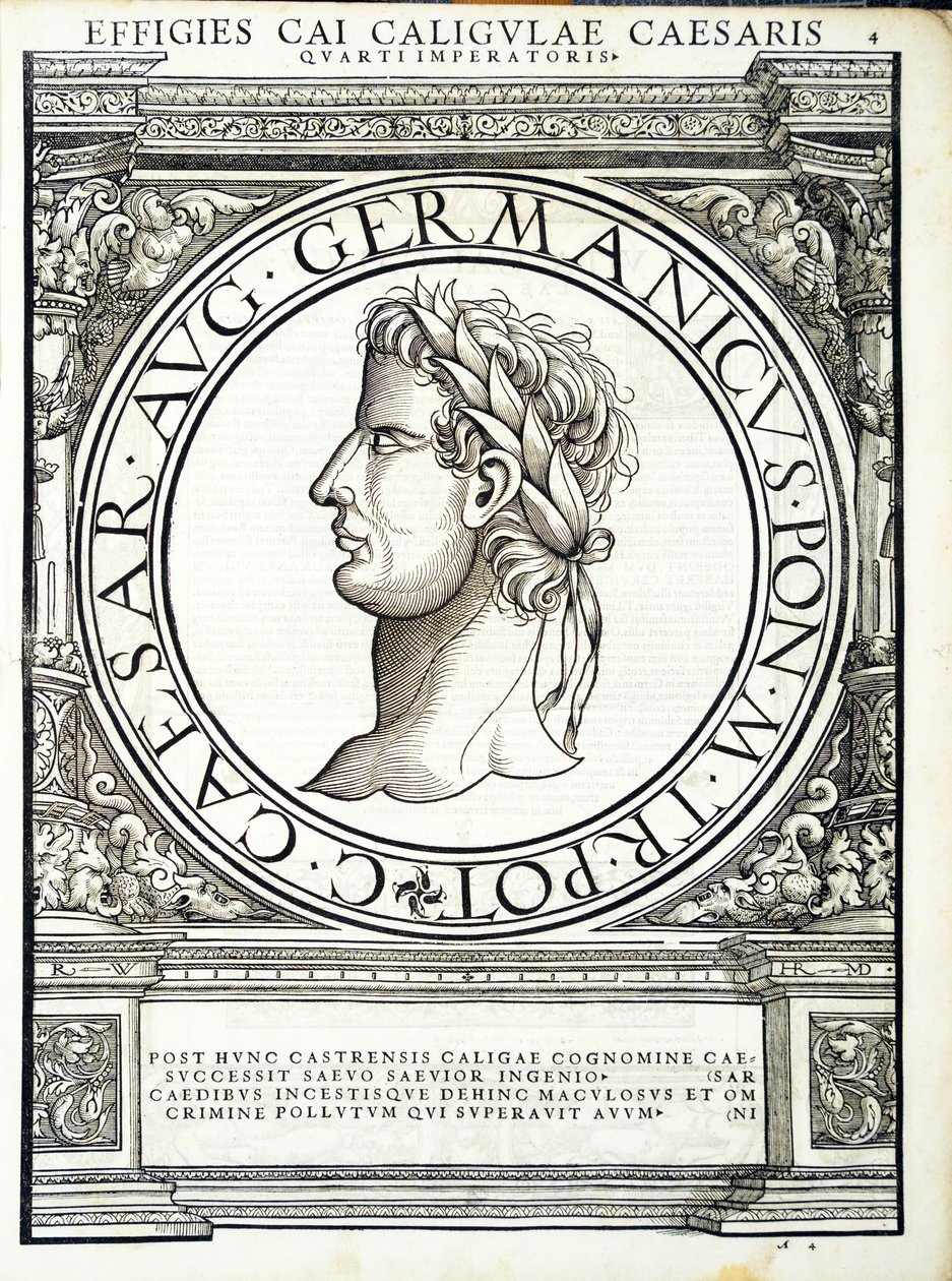 Gaius Caligula de um imperadores romanos de leste e oeste mais verdadeiras imagens de moedas antigas, gravura por Rudolph Wyssenbach, impressa por Andreas Gessner, Zurique de Hans Rudolf Manuel Deutsch