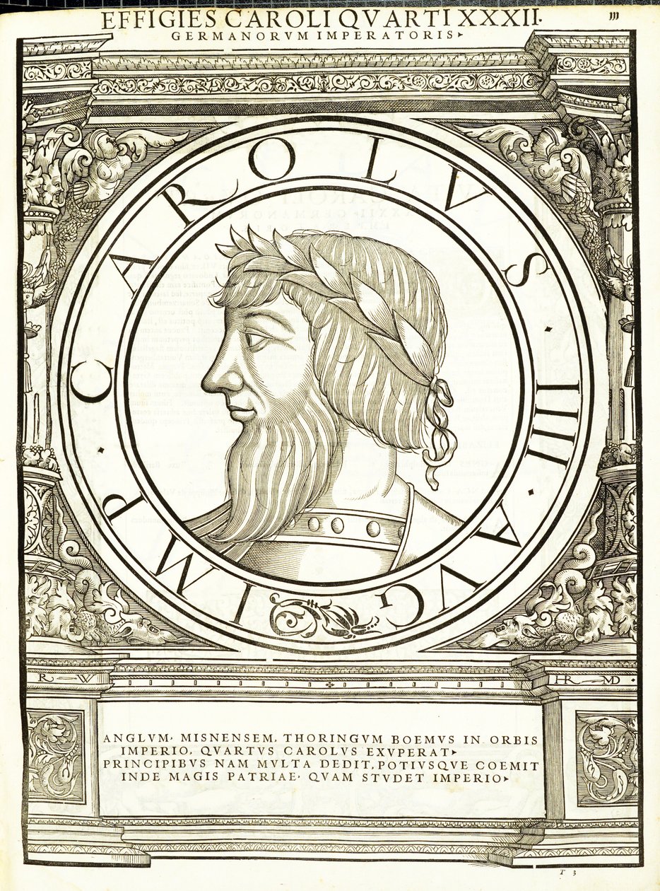 Charles 4, a partir dos imperadores romanos de leste e oeste mais verdadeiras imagens de moedas antigas, gravura por Rudolph Wyssenbach, impressos por Andreas Gessner, Zurique, de Hans Rudolf Manuel Deutsch