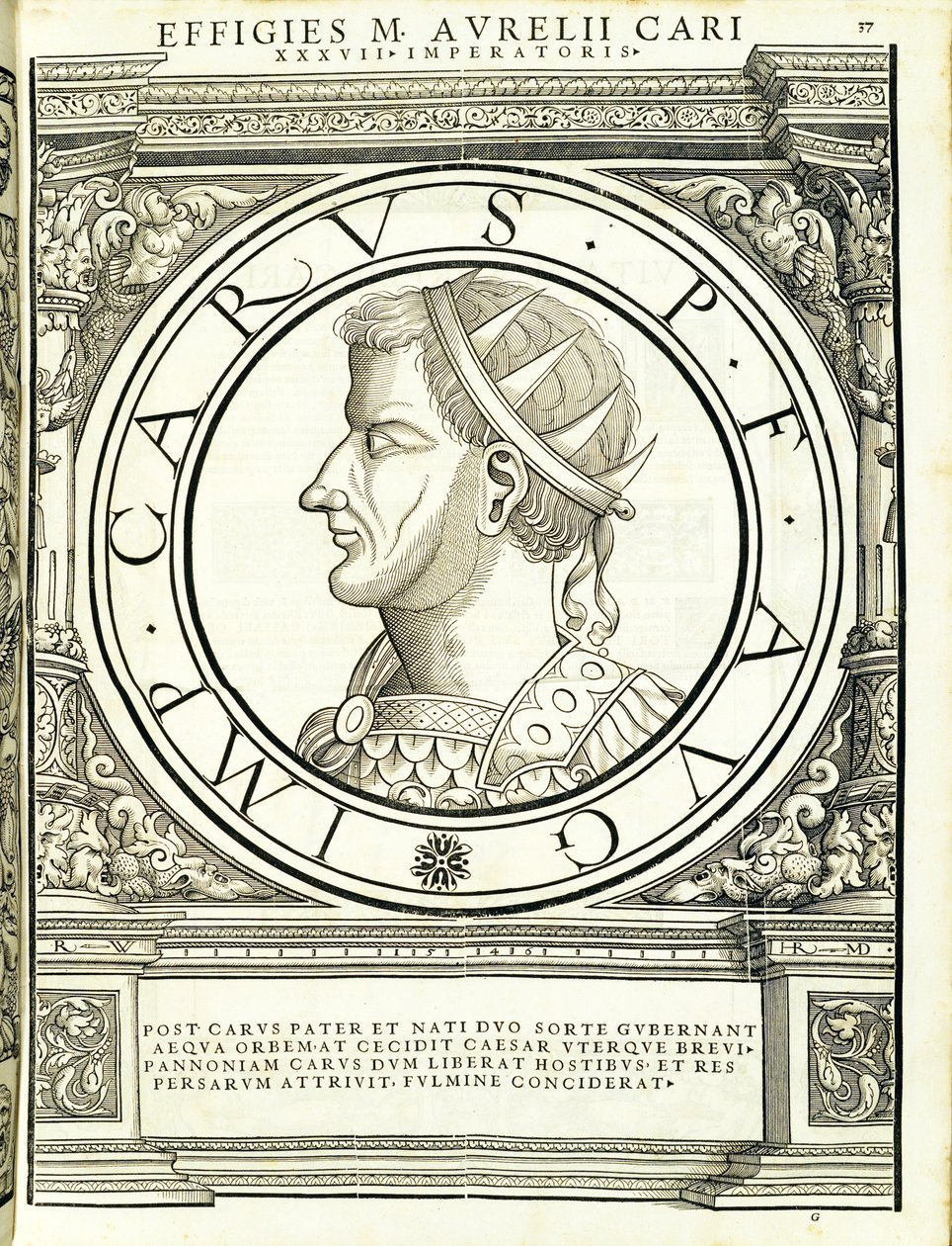 Caro, dos imperadores romanos de leste e oeste mais verdadeiras imagens de moedas antigas, gravura por Rudolph Wyssenbach, impressa por Andreas Gessner, Zurique, 1559 wo de Hans Rudolf Manuel Deutsch