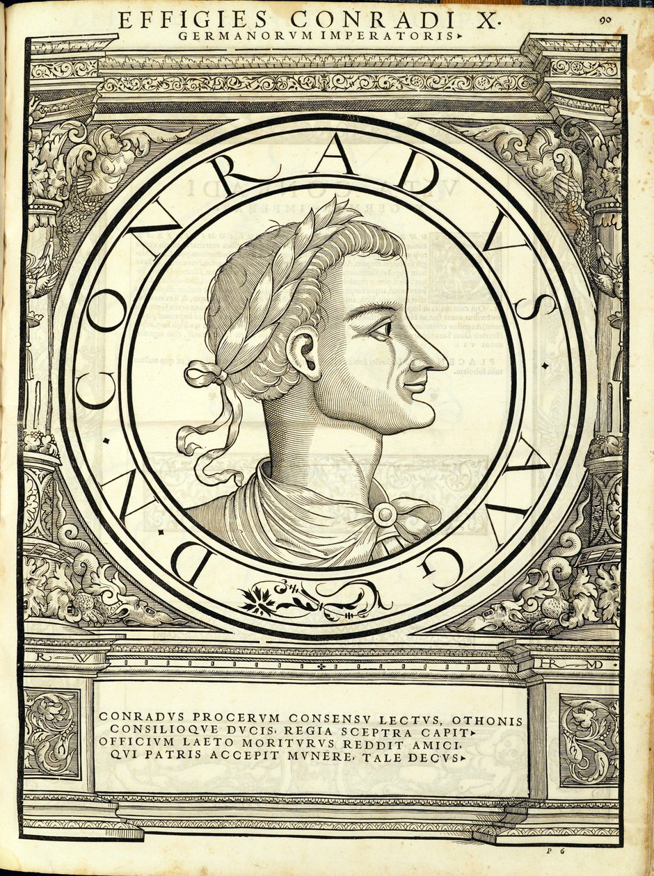 Conrad 1, a partir dos imperadores romanos de leste e oeste mais verdadeiras imagens de moedas antigas, gravura por Rudolph Wyssenbach, impressa por Andreas Gessner, Zurique, 15 de Hans Rudolf Manuel Deutsch
