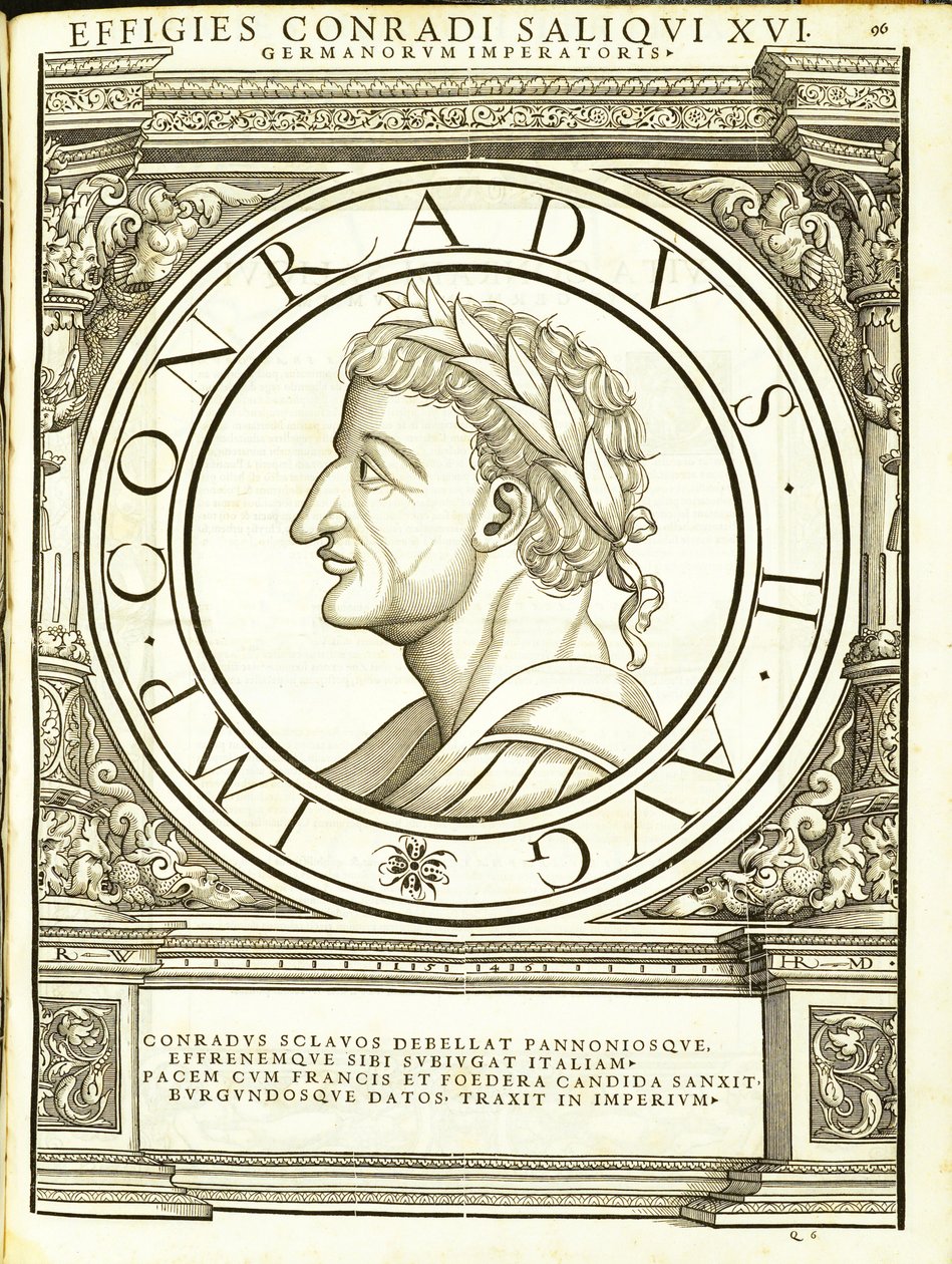Conrad 2 Salique, dos imperadores romanos de leste e oeste mais verdadeiras imagens de moedas antigas, gravura por Rudolph Wyssenbach, impressos por Andreas Hamberger, de Hans Rudolf Manuel Deutsch