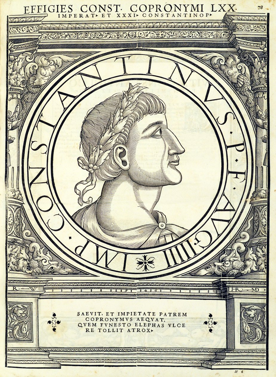 Constantino Copronymus, do comandante geral dos Roman Leste e Oeste mais verdadeiras imagens de moedas antigas, gravura por Rudolph Wyssenbach, impressa por Andreas Gea de Hans Rudolf Manuel Deutsch
