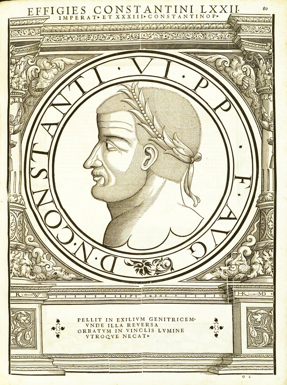 Konstantinos 6, do comandante geral dos Roman Leste e Oeste mais verdadeiras imagens de moedas antigas, gravura por Rudolph Wyssenbach, impressa por Andreas Gessner, Zut de Hans Rudolf Manuel Deutsch