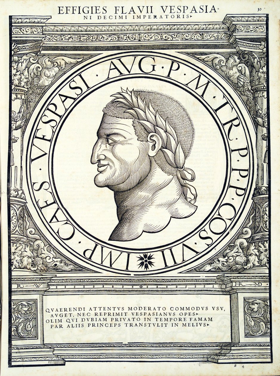 Flávio Vespasiano, dos imperadores romanos de leste e oeste mais verdadeiras imagens de moedas antigas, gravura por Rudolph Wyssenbach, impressa por Andreas Gessner Z de Hans Rudolf Manuel Deutsch