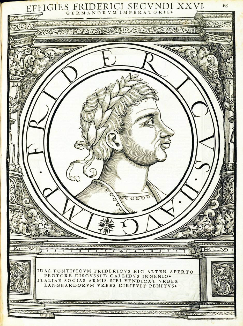 Frederick 2, a partir dos imperadores romanos de leste e oeste mais verdadeiras imagens de moedas antigas, gravura por Rudolph Wyssenbach, impressos por Andreas Gessner, Zurique, de Hans Rudolf Manuel Deutsch