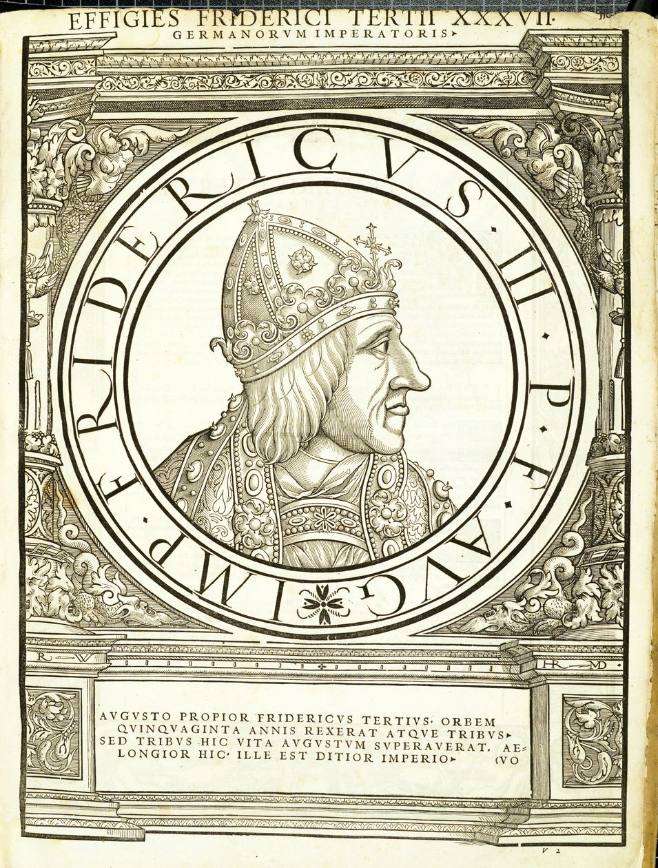 Frederick 3, a partir dos imperadores romanos de leste e oeste mais verdadeiras imagens de moedas antigas, gravura por Rudolph Wyssenbach, impressa por Andreas Gessner, Zurique de Hans Rudolf Manuel Deutsch