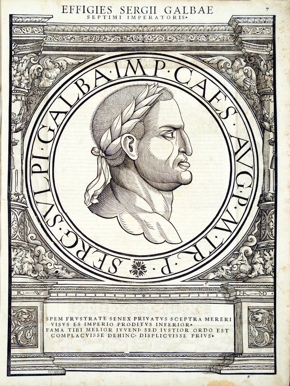 Galba de um imperadores romanos de leste e oeste mais verdadeiras imagens de moedas antigas, gravura por Rudolph Wyssenbach, impressa por Andreas Gessner, Zurique, 1559 wo de Hans Rudolf Manuel Deutsch