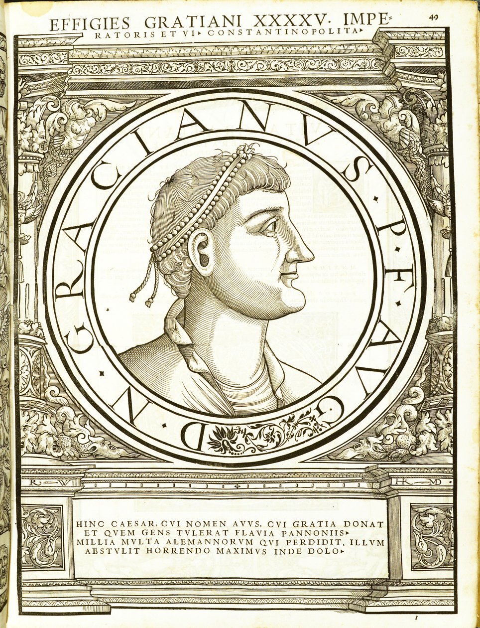 Graciano, dos imperadores romanos de leste e oeste mais verdadeiras imagens de moedas antigas, gravura por Rudolph Wyssenbach, impressa por Andreas Gessner, Zurich, 155 de Hans Rudolf Manuel Deutsch