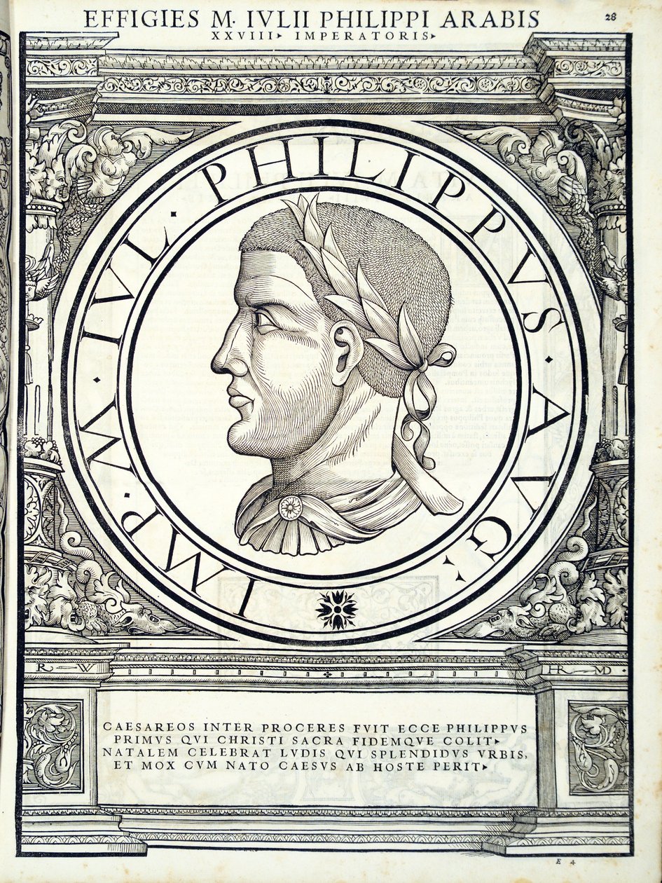 Julius Philip, dos imperadores romanos de leste e oeste mais verdadeiras imagens de moedas antigas, gravura por Rudolph Wyssenbach, impressa por Andreas Hamberger, Zuri de Hans Rudolf Manuel Deutsch