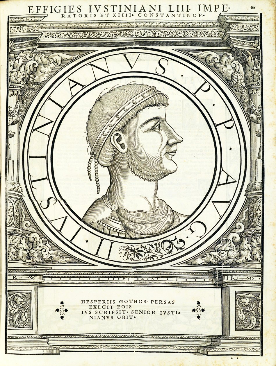 Lustinianus 1, do comandante geral dos Roman Leste e Oeste mais verdadeiras imagens de moedas antigas, gravura por Rudolph Wyssenbach, impressa por Andreas Hamberger, Zurique de Hans Rudolf Manuel Deutsch