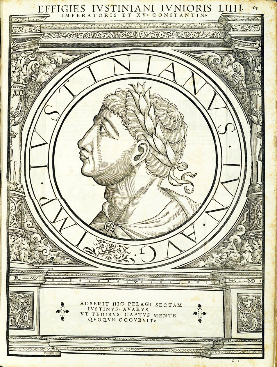 Lustinianus 2, a partir dos imperadores romanos de leste e oeste mais verdadeiras imagens de moedas antigas, gravura por Rudolph Wyssenbach, impressa por Andreas Gessner, Zurique de Hans Rudolf Manuel Deutsch