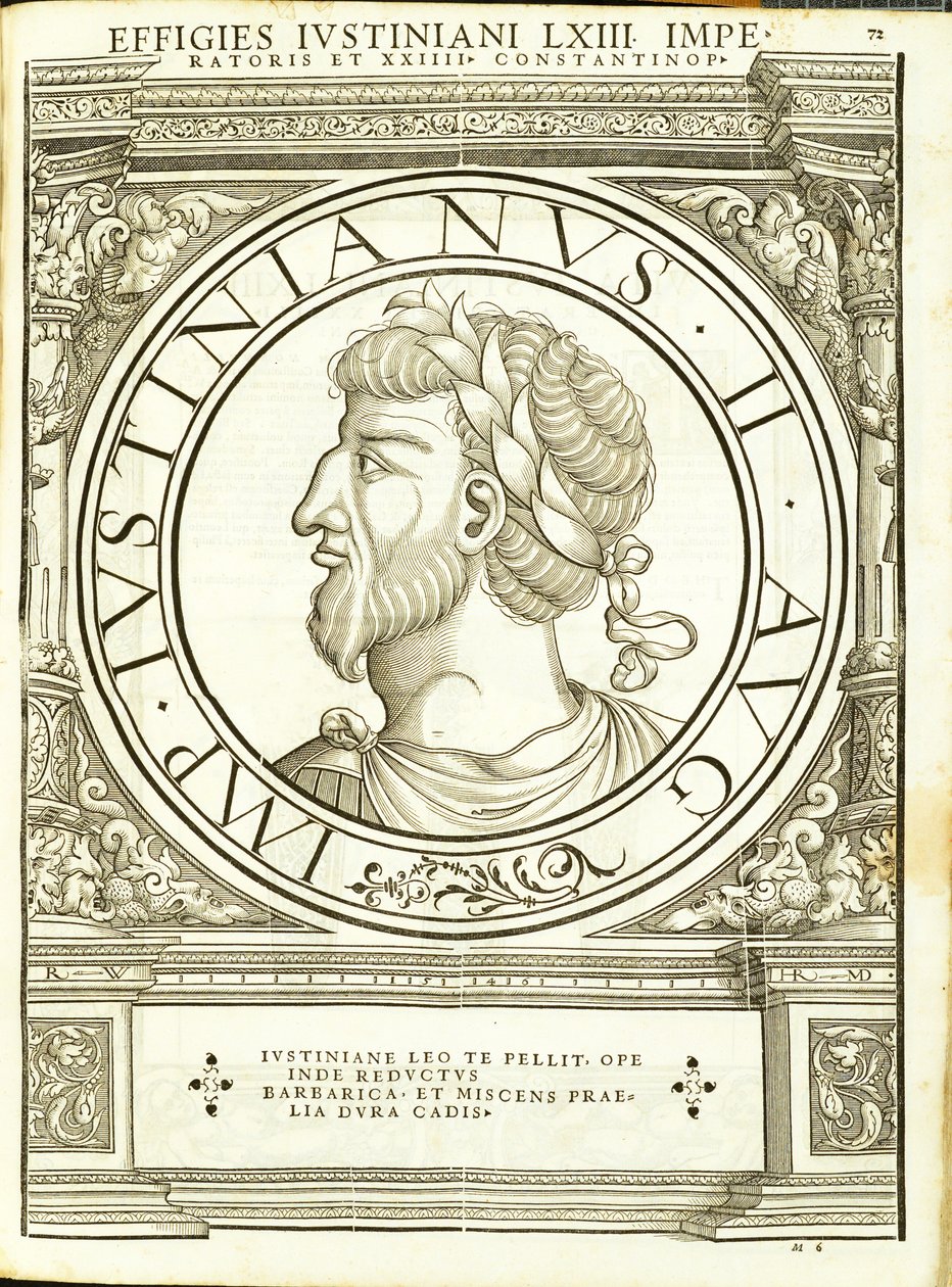 Lustinianus 2, a partir dos imperadores romanos de leste e oeste mais verdadeiras imagens de moedas antigas, gravura por Rudolph Wyssenbach, impressa por Andreas Gessner, Zurique de Hans Rudolf Manuel Deutsch