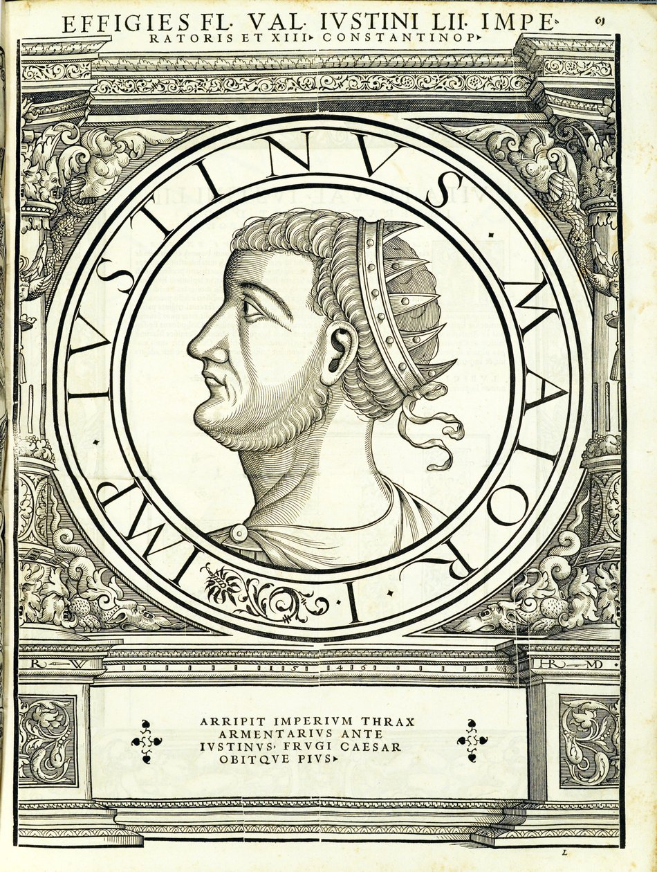 Justin, do comandante geral dos Roman Leste e Oeste mais verdadeiras imagens de moedas antigas, gravura por Rudolph Wyssenbach, impressa por Andreas Gessner, Zurique, 15 de Hans Rudolf Manuel Deutsch