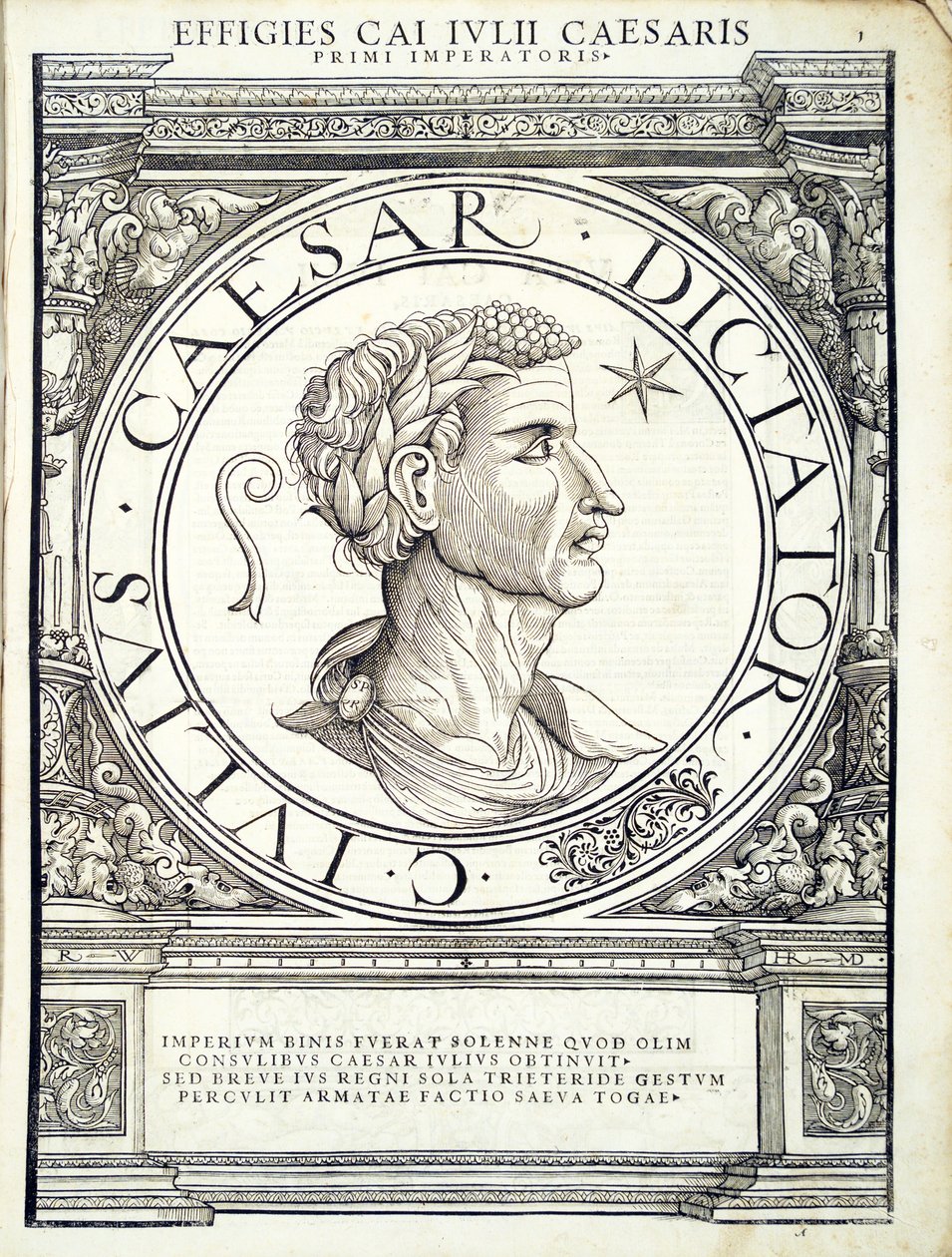 Júlio César, dos imperadores romanos de leste e oeste mais verdadeiras imagens de moedas antigas, gravura por Rudolph Wyssenbach, impressos por Andreas Gessner, Zurique, de Hans Rudolf Manuel Deutsch
