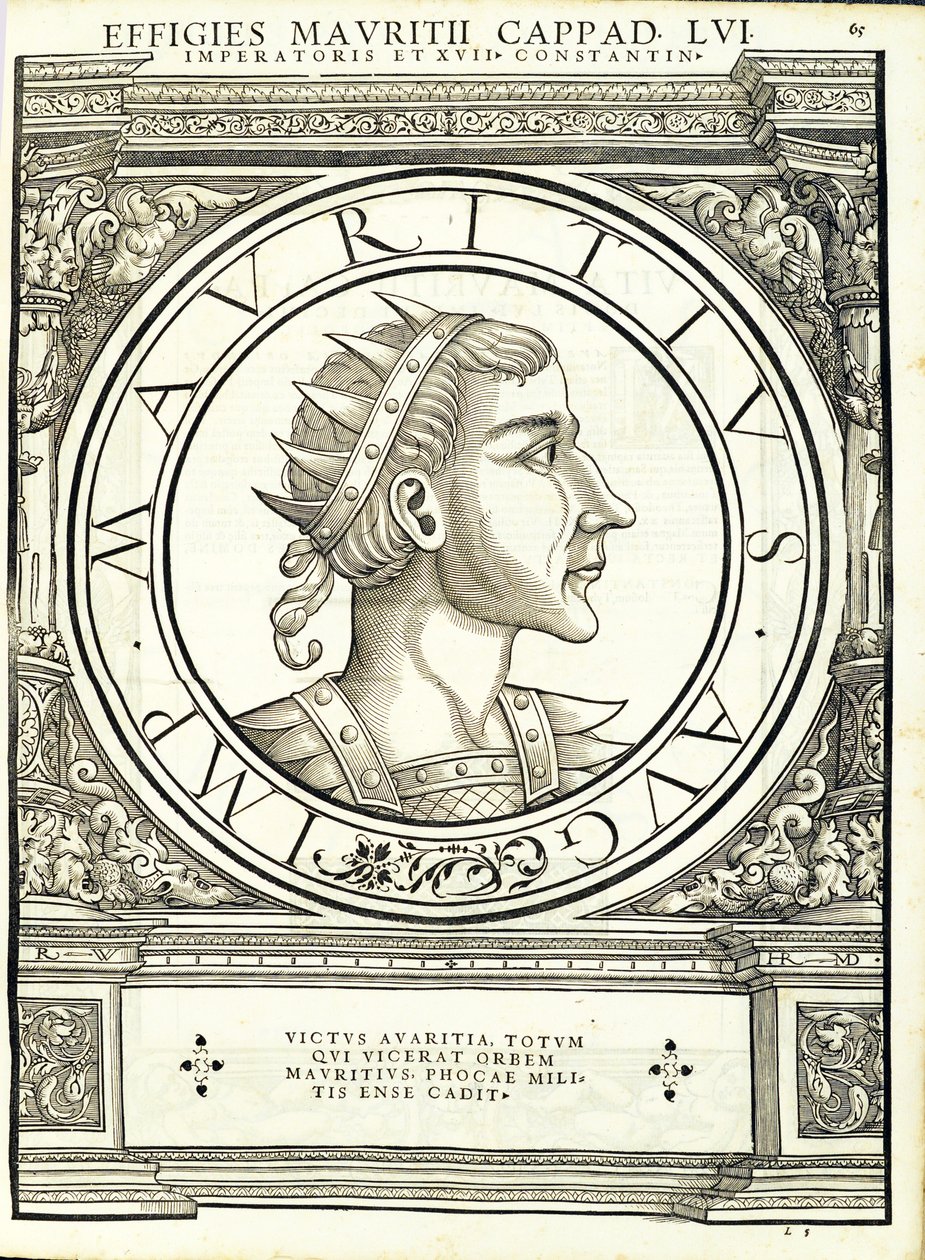 Maurice, do comandante geral dos Roman Leste e Oeste mais verdadeiras imagens de moedas antigas, gravura por Rudolph Wyssenbach, impressa por Andreas Gessner, Zurique, 1 de Hans Rudolf Manuel Deutsch