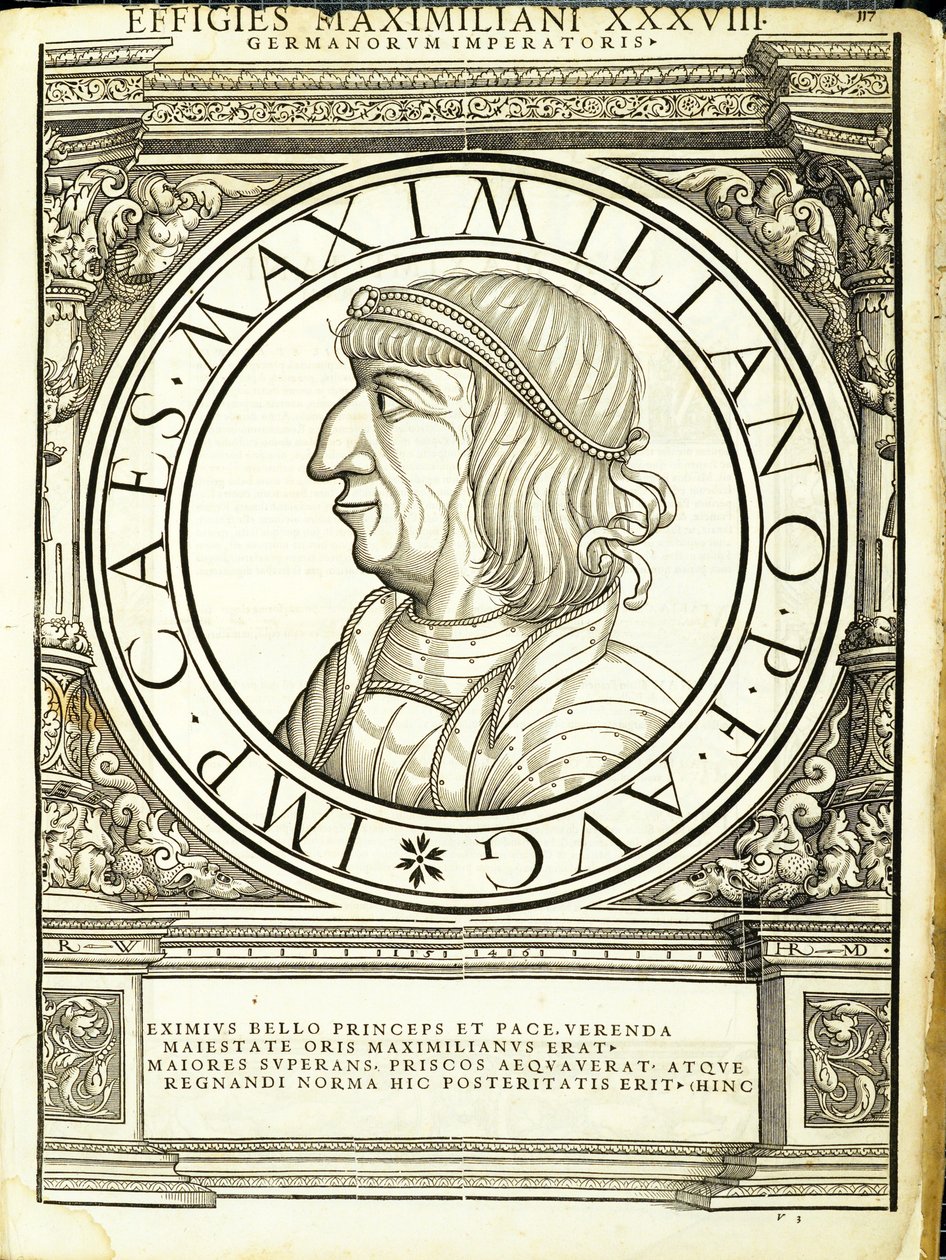 Max, dos imperadores romanos de leste e oeste mais verdadeiras imagens de moedas antigas, gravura por Rudolph Wyssenbach, impressos por Andreas Gessner, Zurique, de Hans Rudolf Manuel Deutsch