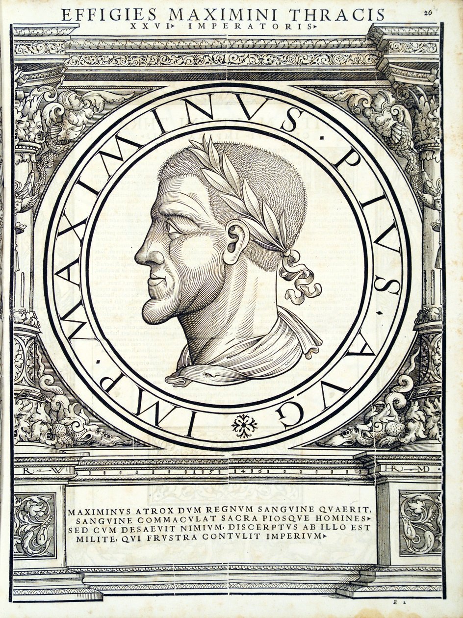 A maior ilustração Thracian dos imperadores romanos de leste e oeste mais verdadeiras imagens de moedas antigas, gravura por Rudolph Wyssenbach, impressa por Andreas Gessner, Zurique, de Hans Rudolf Manuel Deutsch