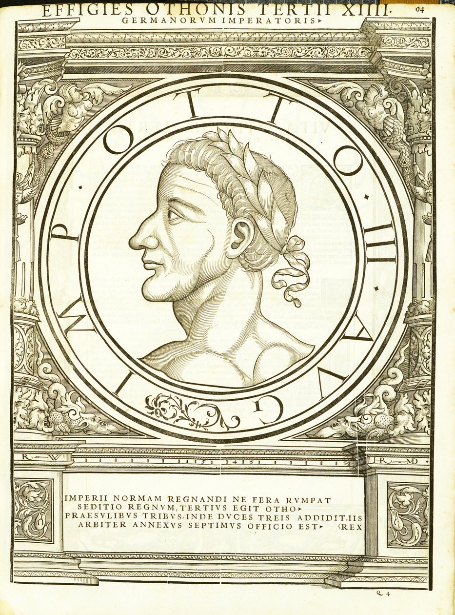 Otto 3, do comandante geral dos Roman Leste e Oeste mais verdadeiras imagens de moedas antigas, gravura por Rudolph Wyssenbach, impressa por Andreas Gessner, Zurique, 15 de Hans Rudolf Manuel Deutsch