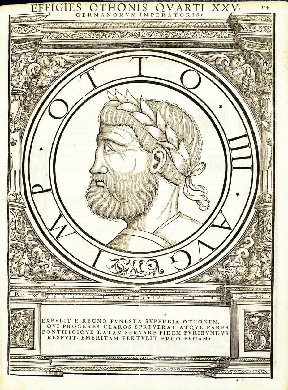 Otto 4, a partir dos imperadores romanos de leste e oeste mais verdadeiras imagens de moedas antigas, gravura por Rudolph Wyssenbach, impressa por Andreas Gessner, Zurich, 155 de Hans Rudolf Manuel Deutsch