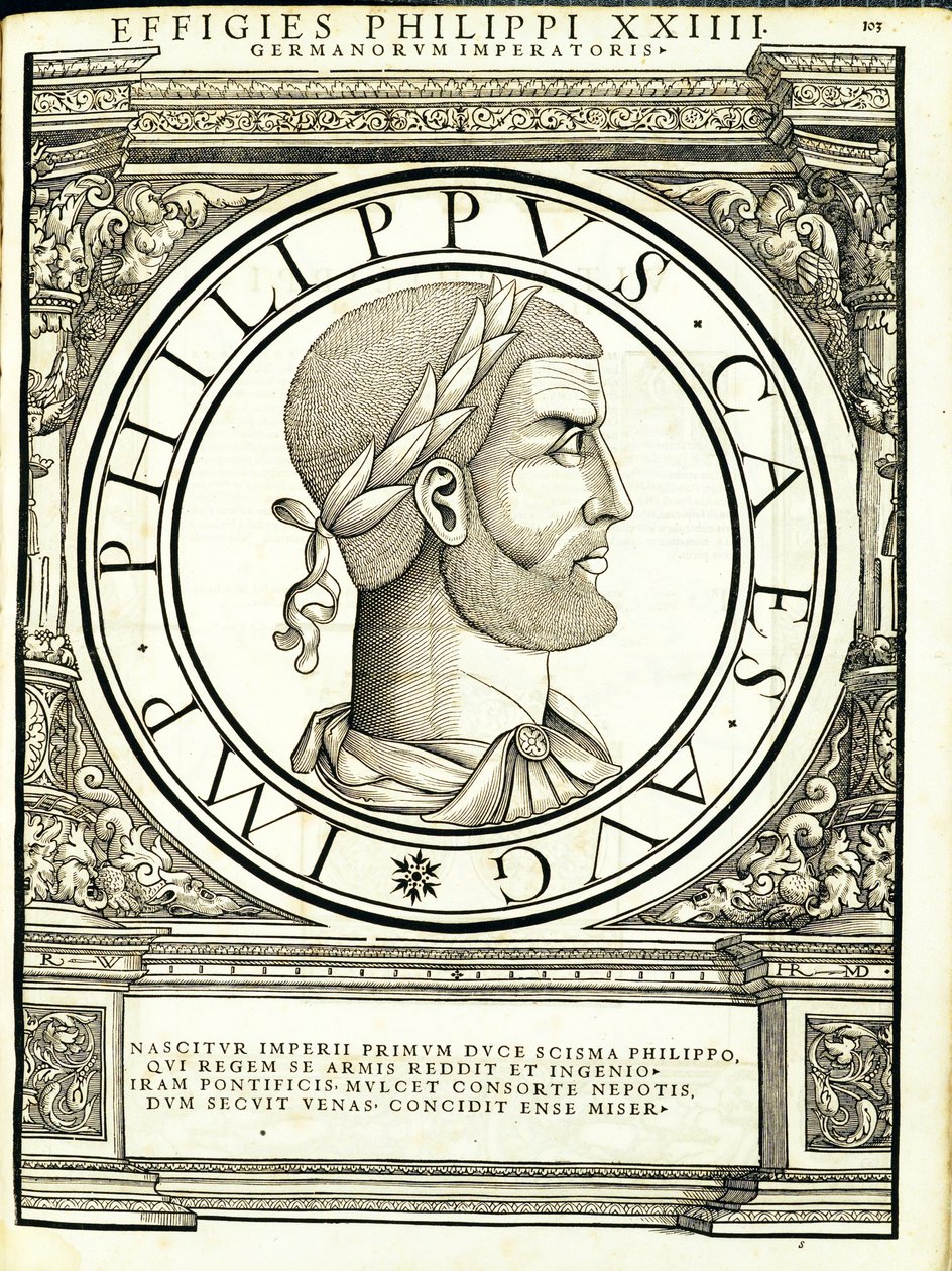 Ilustração Philip dos imperadores romanos de leste e oeste mais verdadeiras imagens de moedas antigas, gravura por Rudolph Wyssenbach, impressa por Andreas Gessner, Zurich, 155 de Hans Rudolf Manuel Deutsch