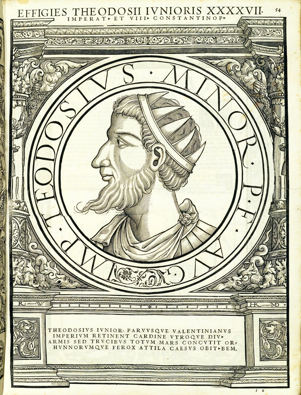 Teodósio, o mais jovem, desde o general comandante das Roman Leste e Oeste mais verdadeiras imagens de moedas antigas, gravura por Rudolph Wyssenbach, impressos por Andreas Gessner Z de Hans Rudolf Manuel Deutsch