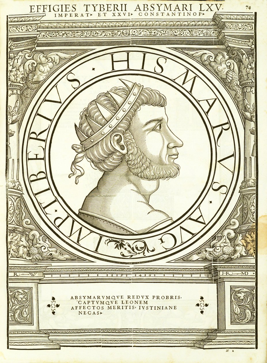 Tibério Absymarus, dos imperadores romanos de leste e oeste mais verdadeiras imagens de moedas antigas, gravura por Rudolph Wyssenbach, impressa por Andreas Gessner, Z de Hans Rudolf Manuel Deutsch