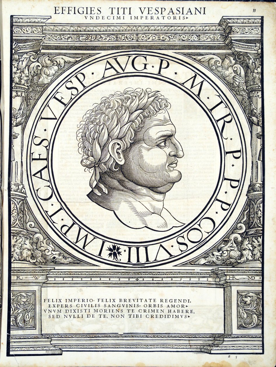 Tito Vespasiano de um imperadores romanos de leste e oeste mais verdadeiras imagens de moedas antigas, gravura por Rudolph Wyssenbach, impressa por Andreas Gessner, Zut de Hans Rudolf Manuel Deutsch