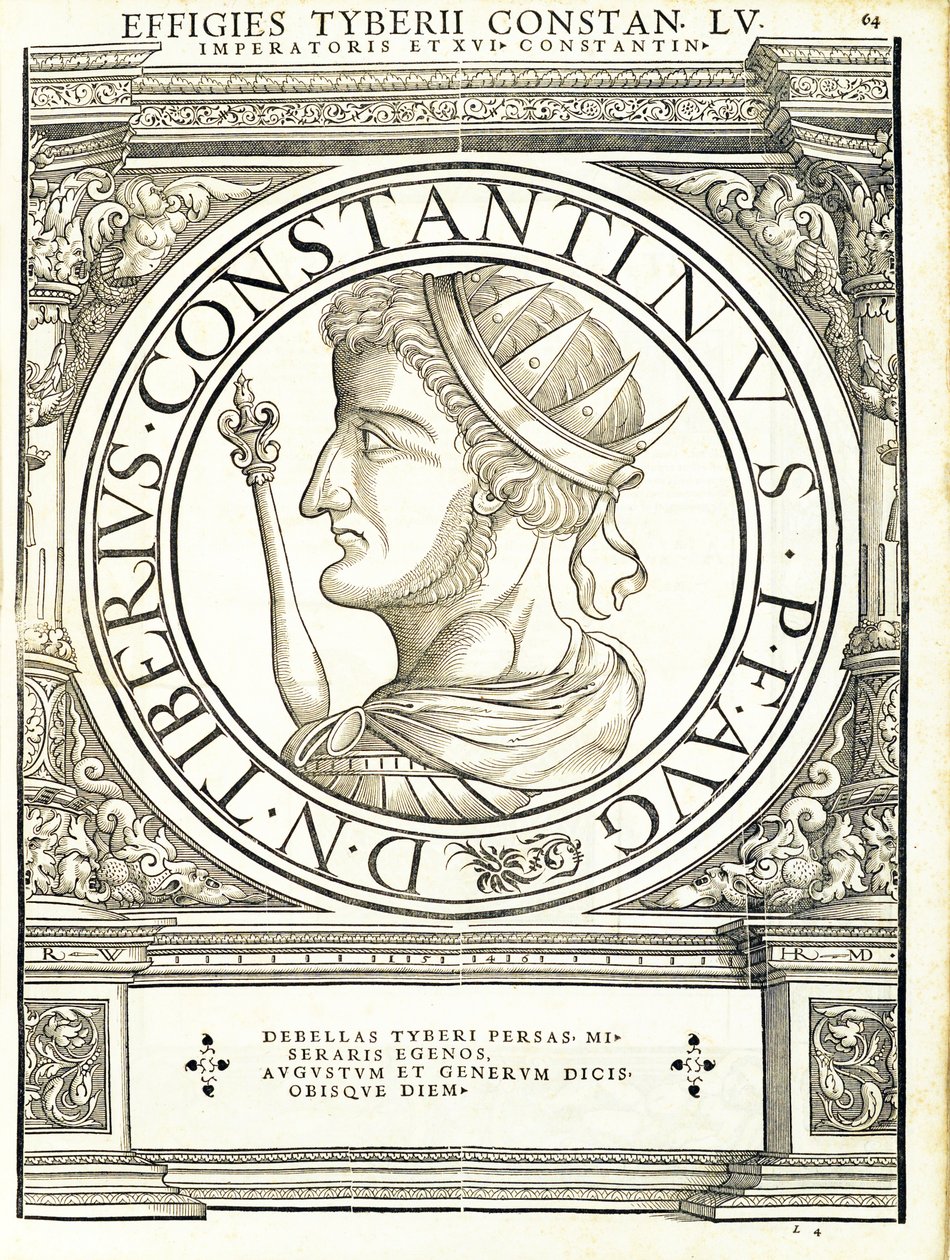 Tyberius Constantino, de um imperadores romanos de leste e oeste mais verdadeiras imagens de moedas antigas, gravura por Rudolph Wyssenbach, impressos por Andreas Hamberger, de Hans Rudolf Manuel Deutsch