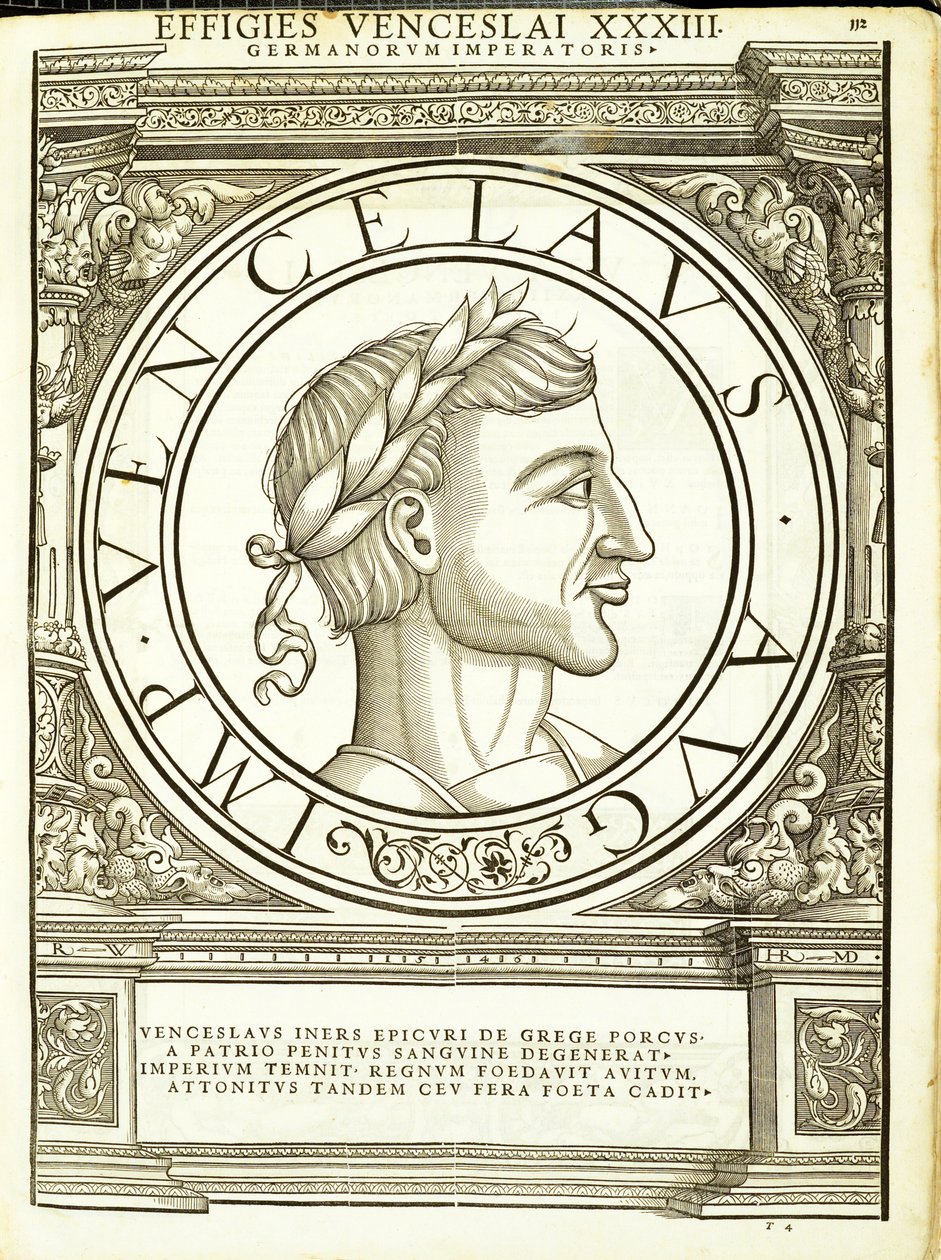 Vuenzeslaus, do comandante geral da Roman leste e oeste mais verdadeiras imagens de moedas antigas, gravura por Rudolph Wyssenbach, impressa por Andreas Gessner, Zurique, de Hans Rudolf Manuel Deutsch