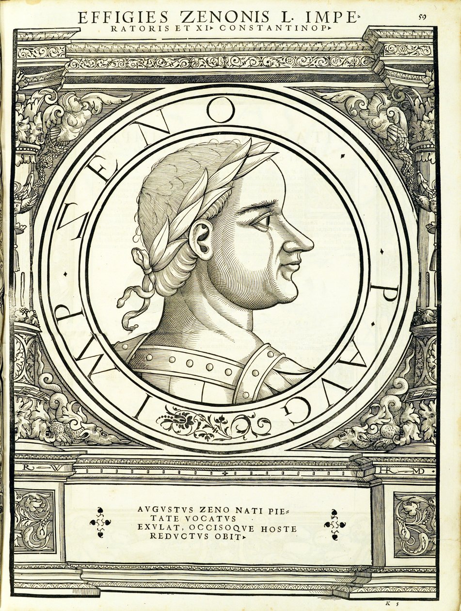 Zeno de um general comandante das Roman Leste e Oeste mais verdadeiras imagens de moedas antigas, gravura por Rudolph Wyssenbach, impressos por Andreas Gessner, Zurique, 1559 ( de Hans Rudolf Manuel Deutsch