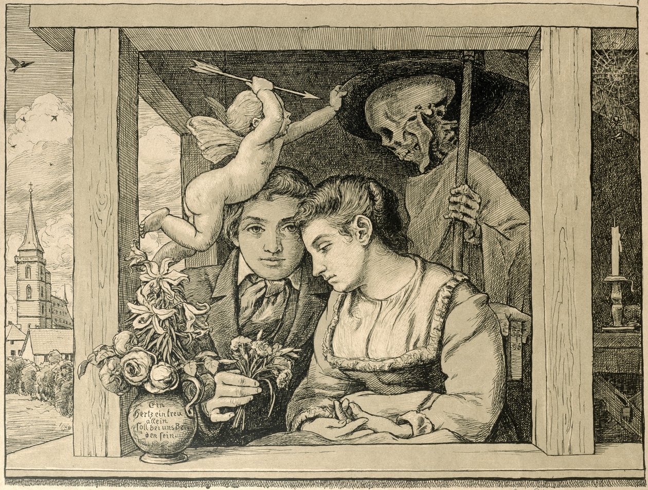 Ceifador da Morte (Amor e Morte, os recém-casados) 1896 (gravura em papel pardo) de Hans Thoma