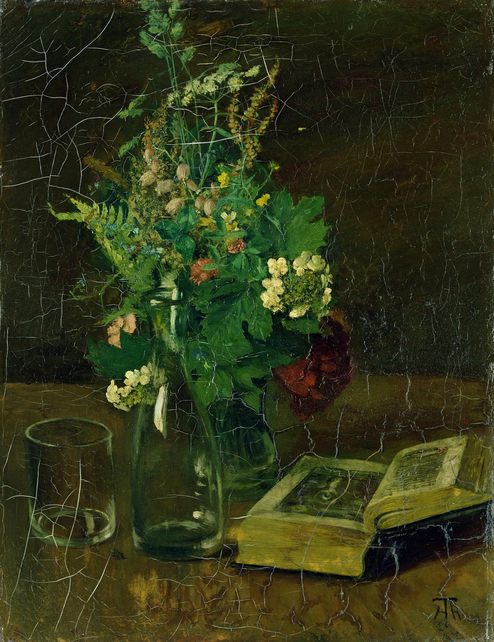 Ainda vida com um buquê de flores e uma Bíblia, 1872 de Hans Thoma