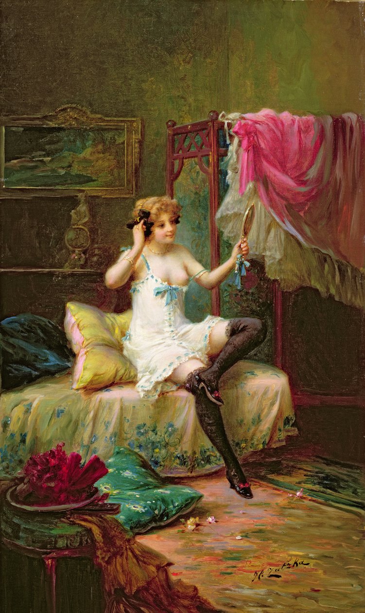 Uma menina olhando em um espelho de Hans Zatzka