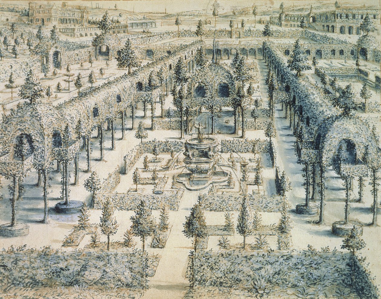 Design para um jardim ornamental, 1576 (caneta, tinta e tinta azul sobre papel) de Hans or Jan Vredeman de Vries