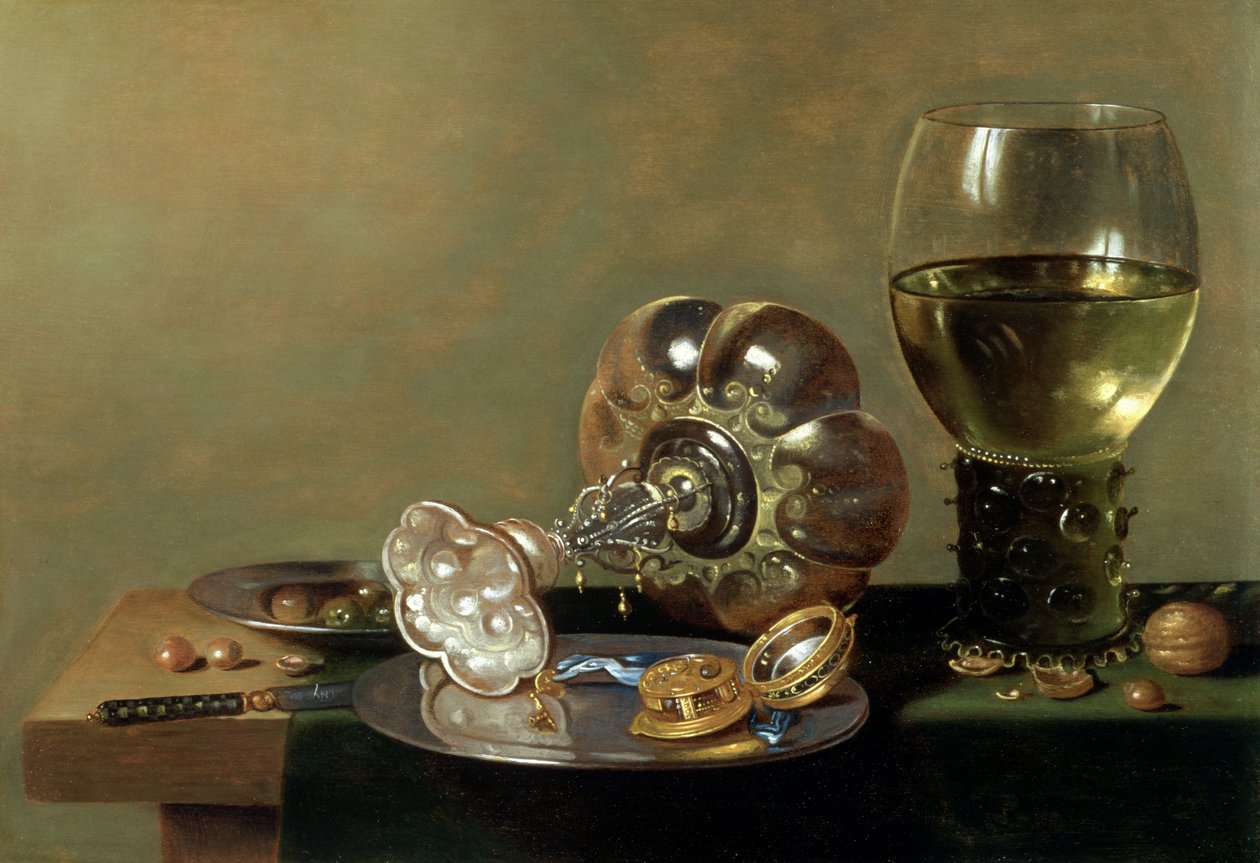 Uma natureza morta com taça de vinho, tazza e um prato de estanho de Hans van Sant