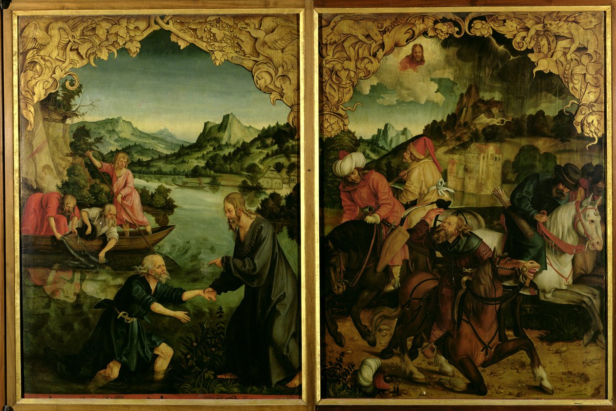 Histórias do retábulo de São Pedro e São Paulo: detalhe mostrando L a R, Vocação de São Pedro, Conversão de São Paulo (detalhe) de Hans von Klumbach