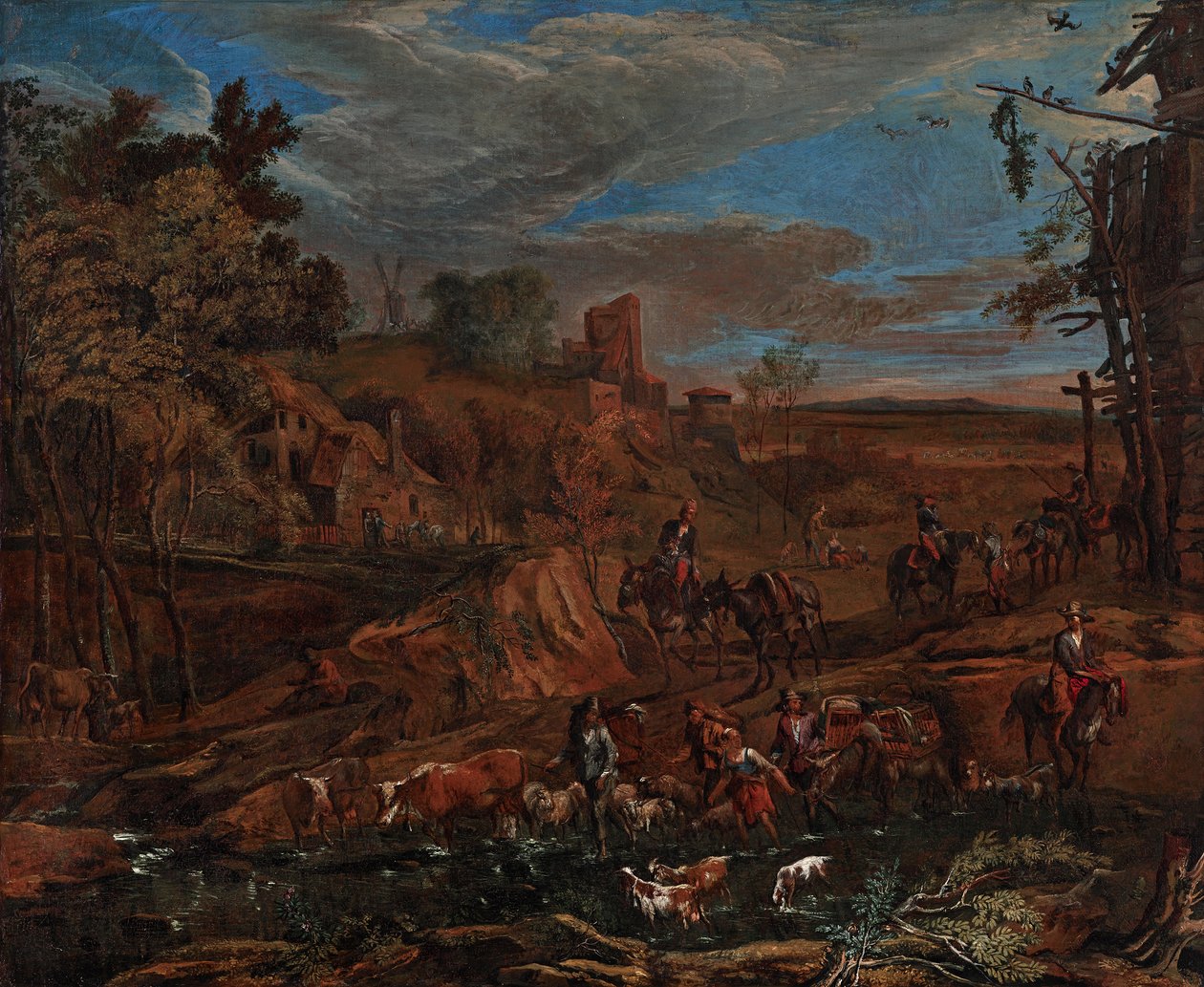 Paisagem de outono com vau e gado de Hans (Johann Baptist) Graf