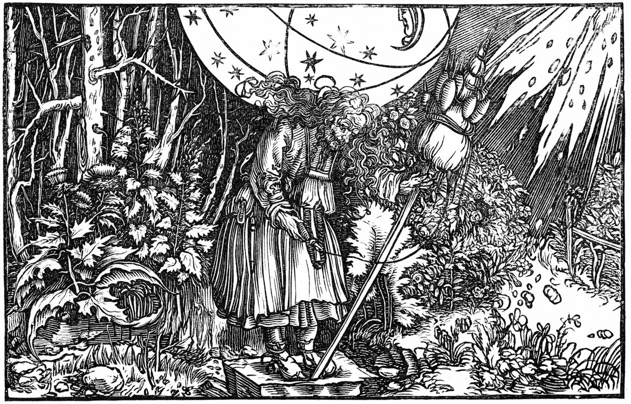 Mulher velha (bruxa ou fada) a girar de Hans (after) Holbein the Younger